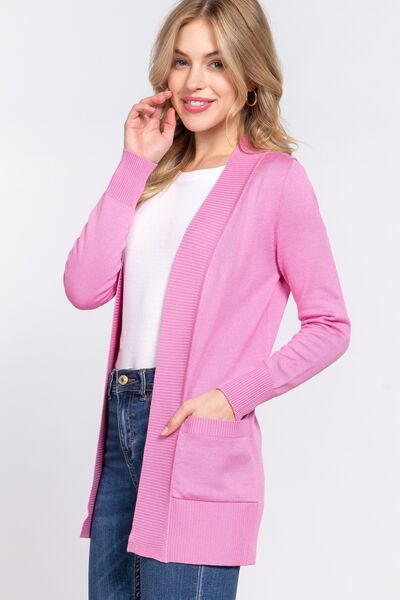 ACTIVE BASIC Along The Way Ribbed Trim Open Front Cardigan with Pockets