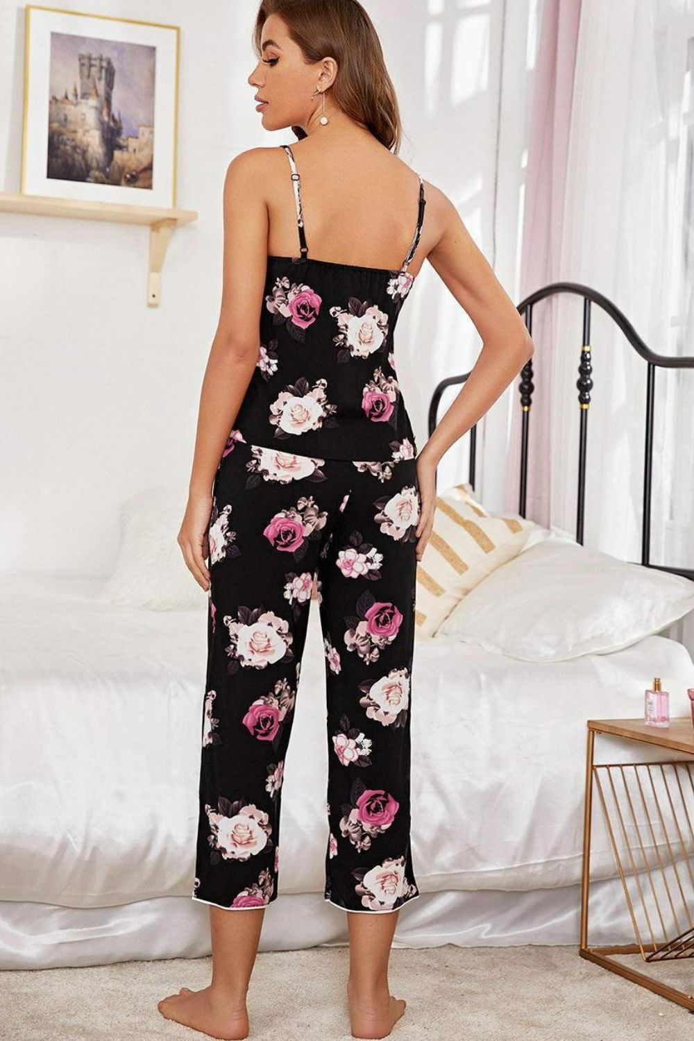 Spring Floral V-Neck Cami and Cropped Pants Lounge Set