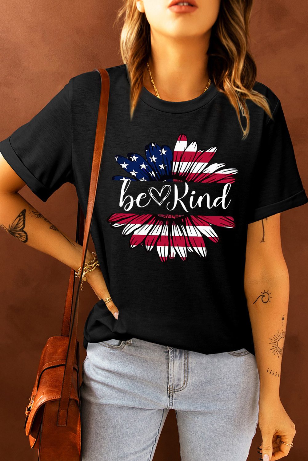 be Kind Flower US Flag Graphic Round Neck Tee