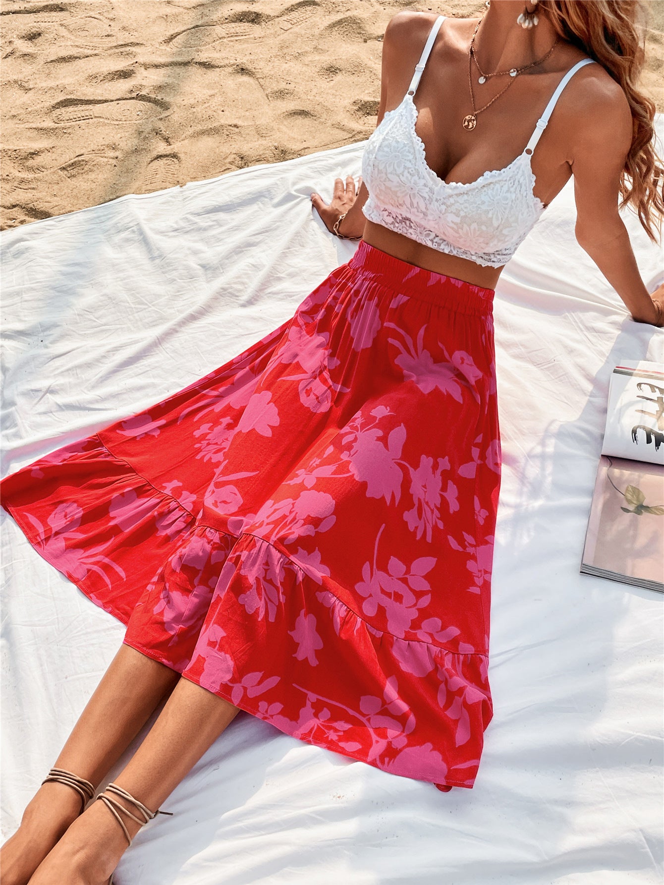 Off to the Beach, Be Back Soon Elastic Waist Printed Skirt
