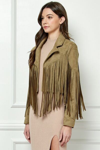 Veveret No Apologies Suede Fringe Long Sleeve Moto Jacket