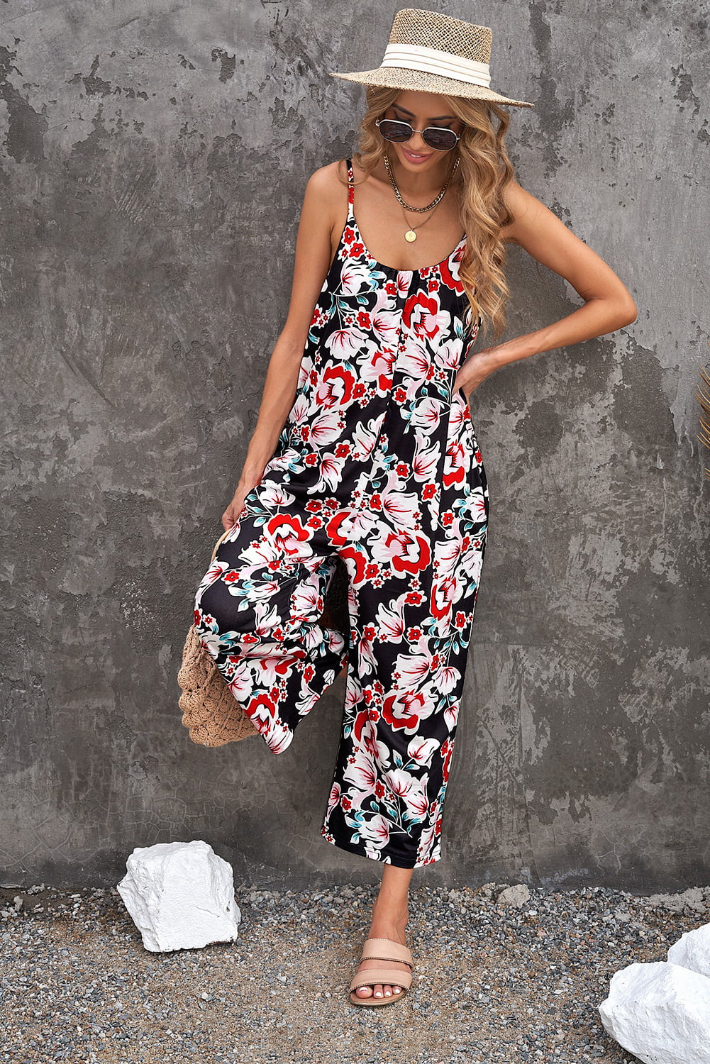 Vacation Mode On Botanical Print Spaghetti Strap Cropped Jumpsuit