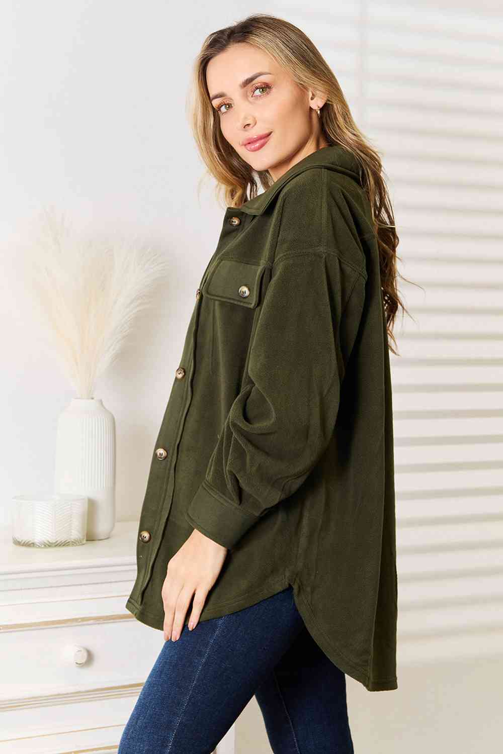 Heimish Cozy Girl Button Down Shacket in Army Green