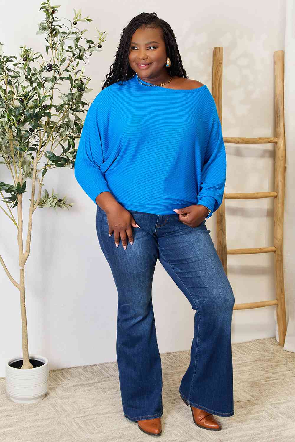 Zenana Fall Vibin' Batwing Sleeve Blouse in Cobalt Blue