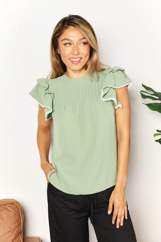 Double Take Green Light Pleated Detail Flutter Sleeve Blouse