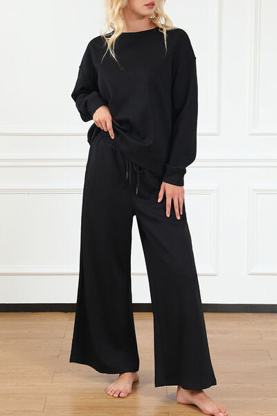 Double Take Let's Slow Down Textured Long Sleeve Top and Drawstring Pants Set