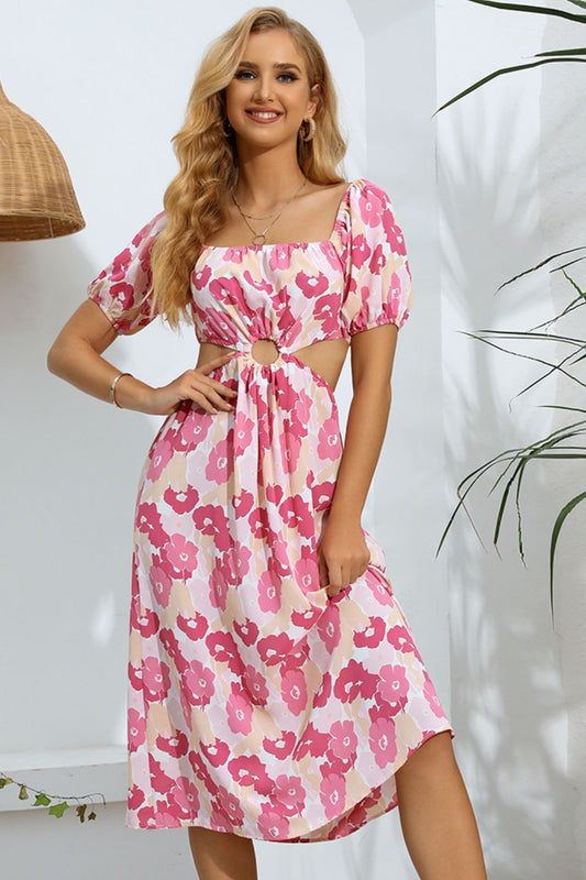 Carnation Cutout Square Neck Puff Sleeve Floral Dress