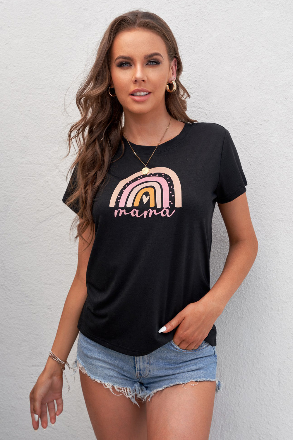 Mama's Over The Rainbow Round Neck Women's Graphic Tee Shirt