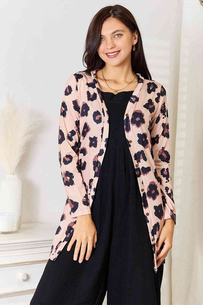 Double Take A Whole Vibe Button Front Longline Cardigan Leopard Print