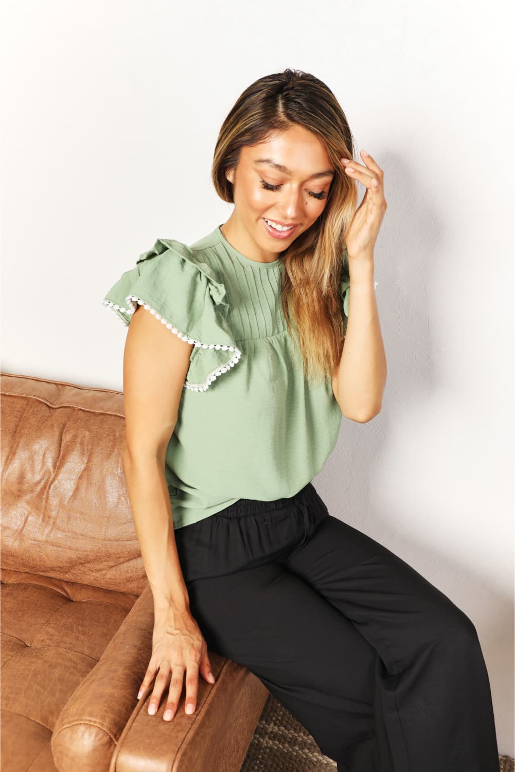 Double Take Green Light Pleated Detail Flutter Sleeve Blouse