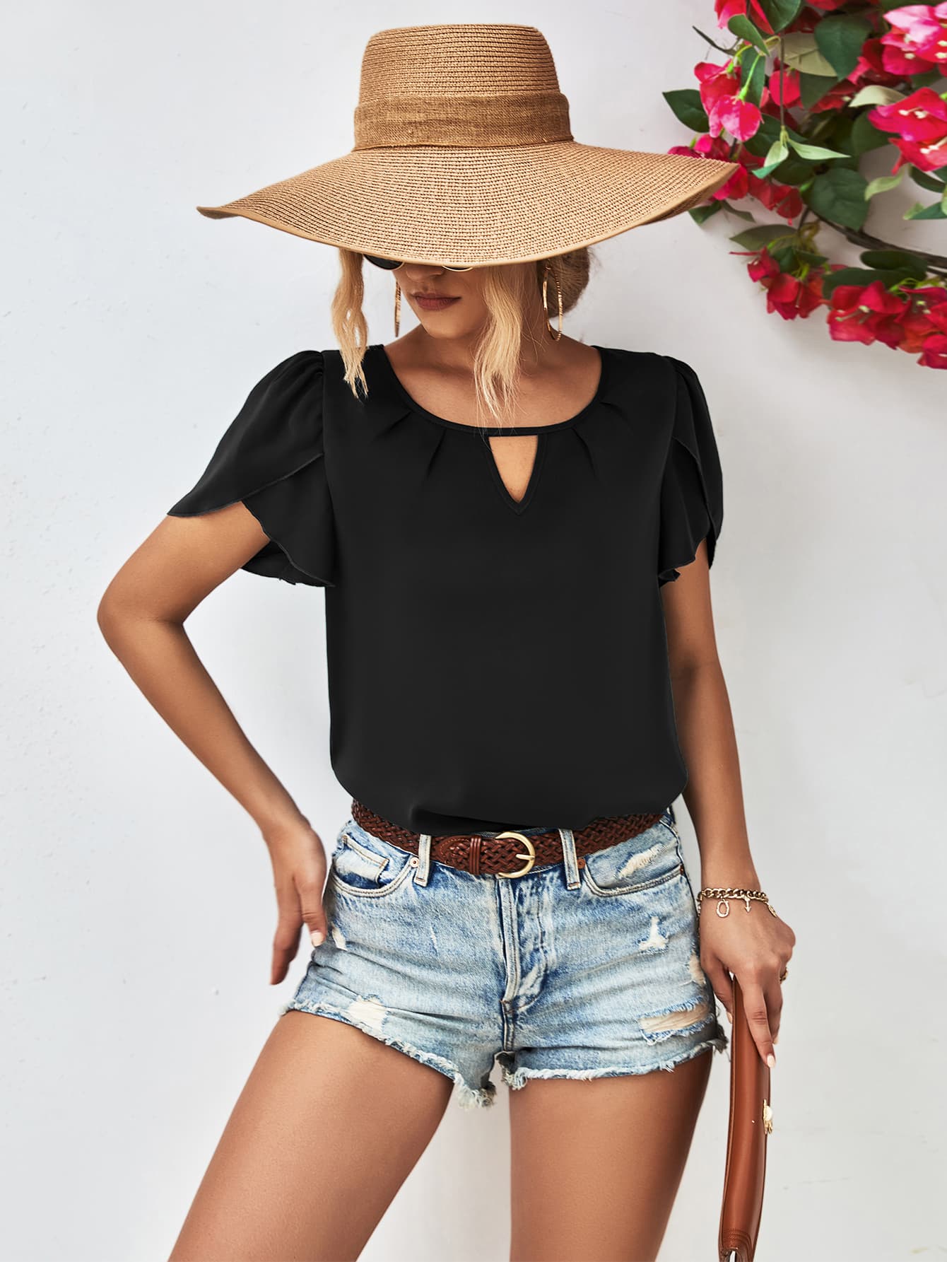 Meet Me Under The Shade Cutout Round Neck Petal Sleeve Blouse