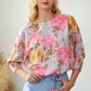 Pink Sunrise Floral Round Neck Three-Quarter Sleeve Top