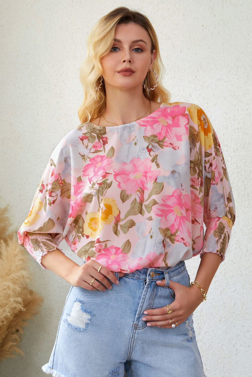 Pink Sunrise Floral Round Neck Three-Quarter Sleeve Top