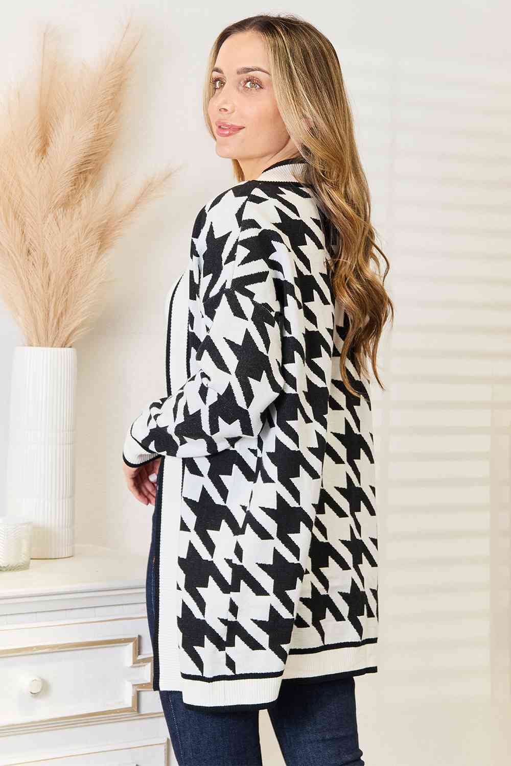 Woven Right Never Fades Houndstooth Open Front Longline Cardigan