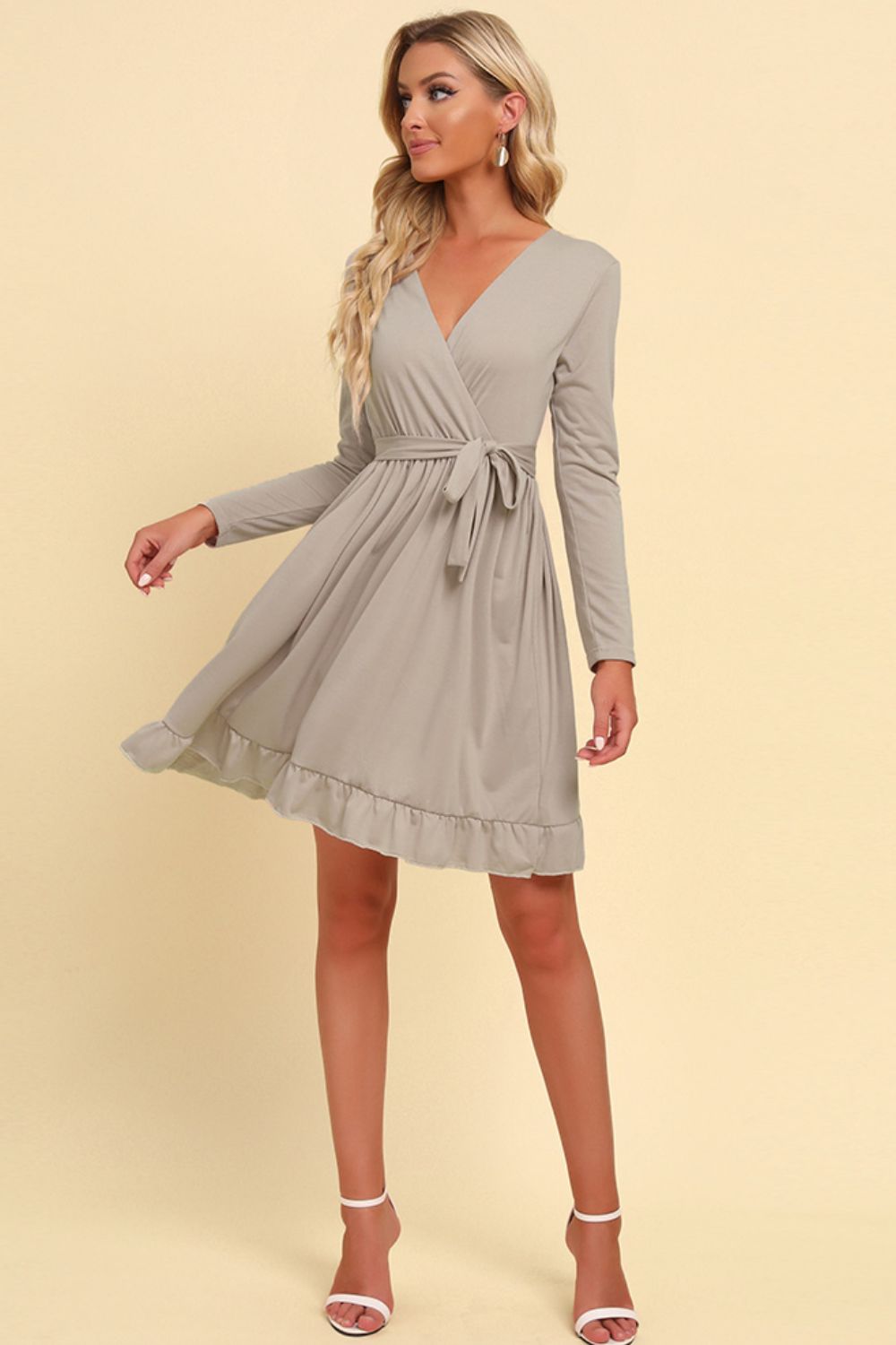 Warm Today, Cold Tomorrow Long Sleeve Tie Waist Ruffle Hem Dress