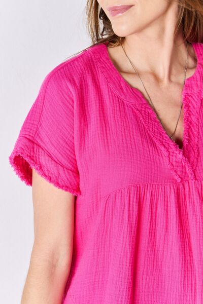 Zenana Too Classy To Be Plain Short Sleeve Raw Hem Top