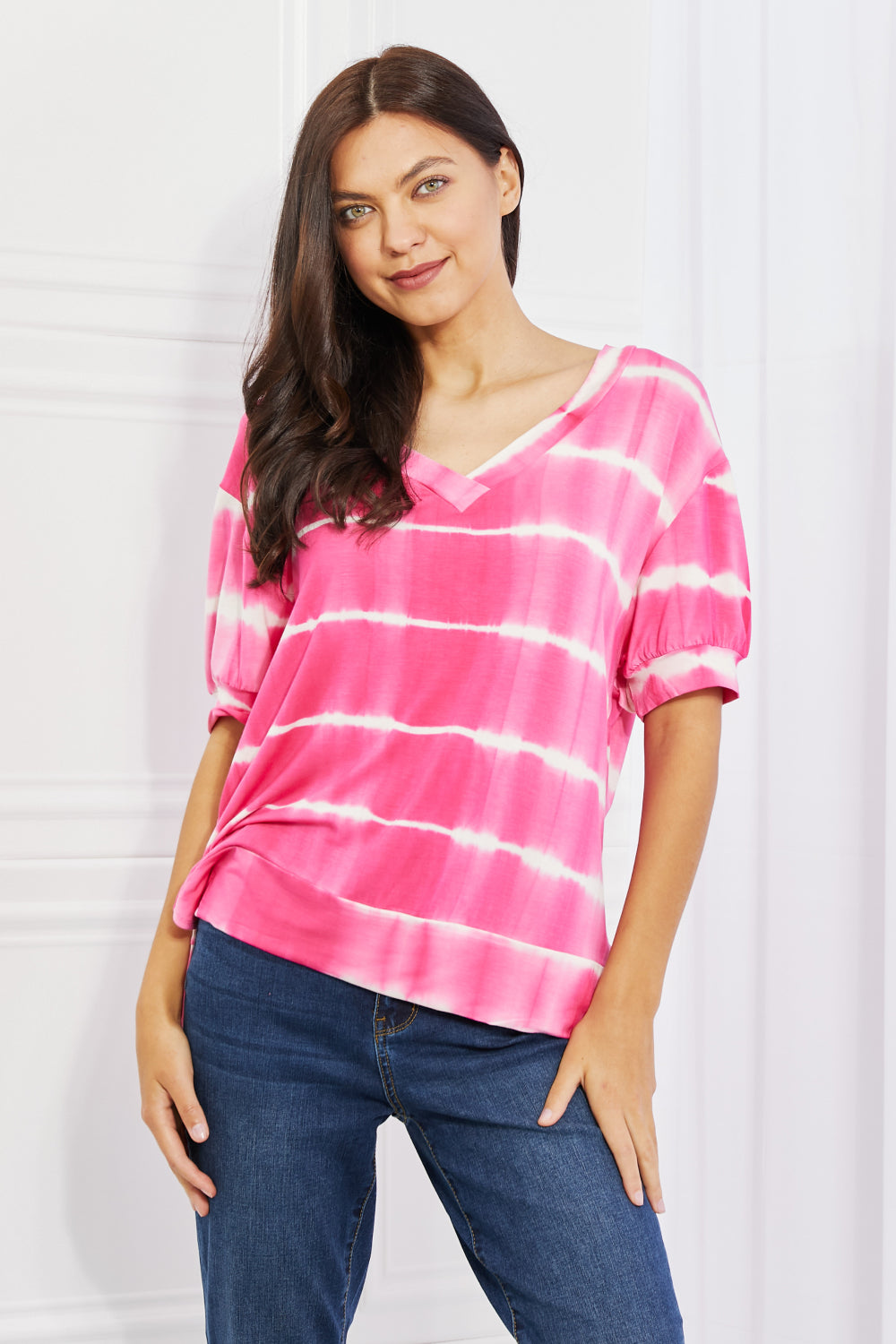 Yelete Oversized Fit V-Neck Striped Top