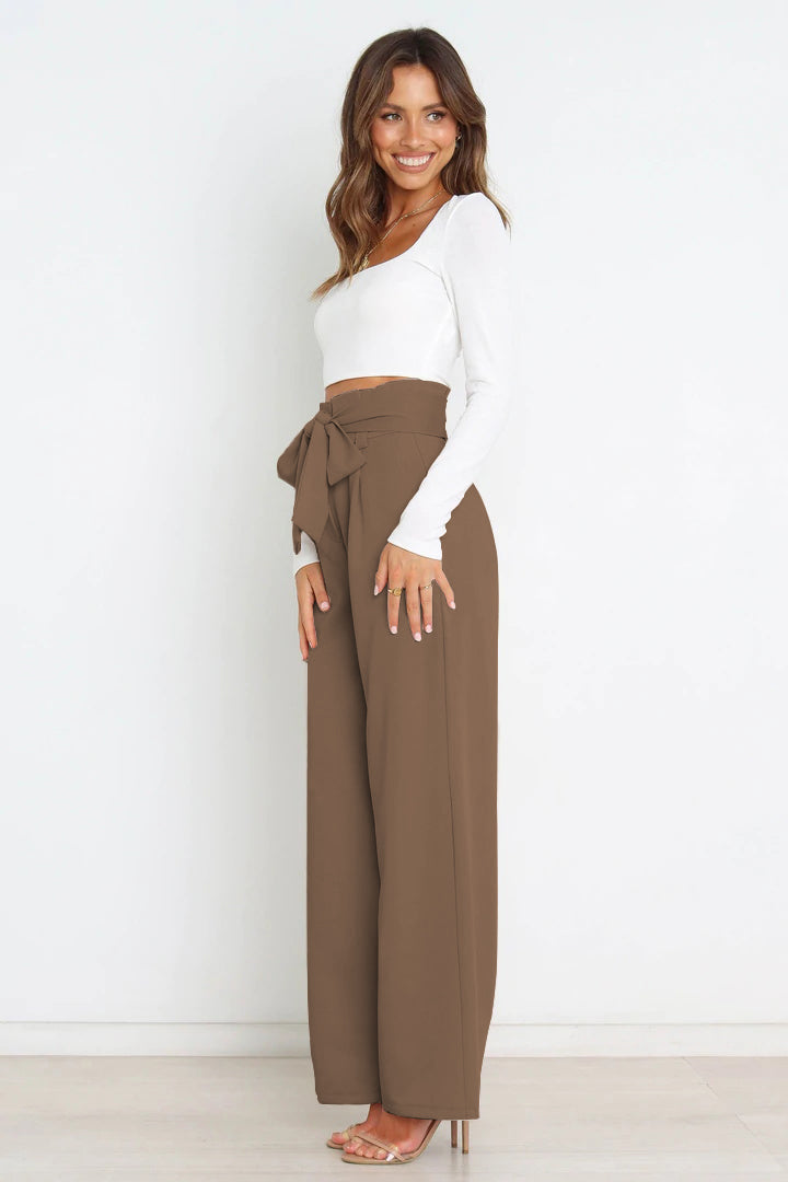 Office Chic Tie Front Wide Paperbag Waist Leg Pants