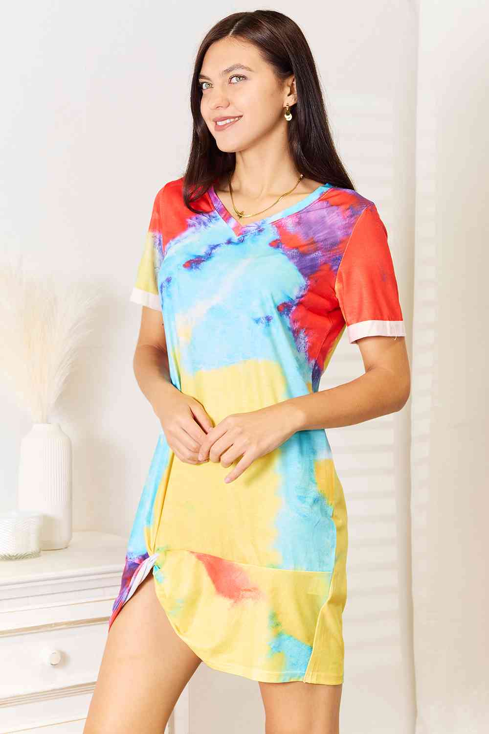 Double Take Free Spirit Tie-Dye V-Neck Twisted Dress