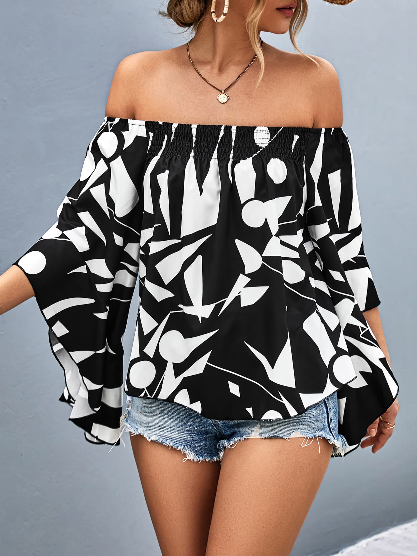 Take Me Dancing Printed Off-Shoulder Bell Sleeve Blouse