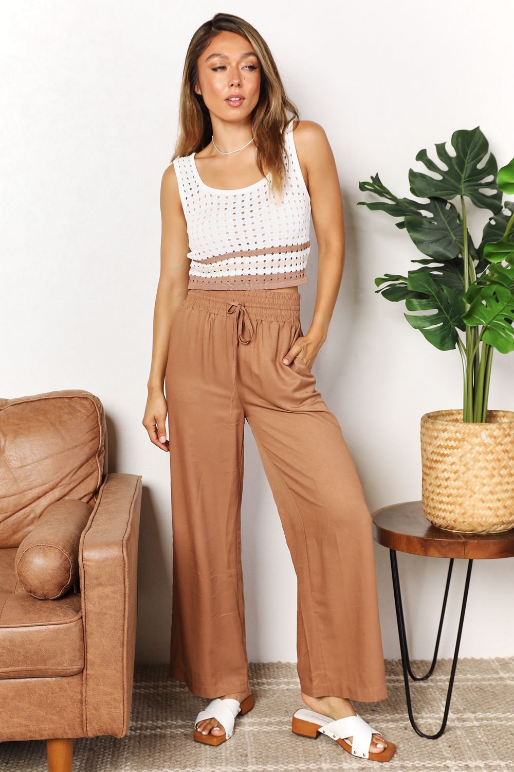 Double Take Going With The Flow Drawstring Smocked Waist Wide Leg Pants