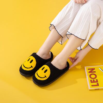 Melody A Perfect Day Smiley Face Cozy Slippers in Black/Yellow