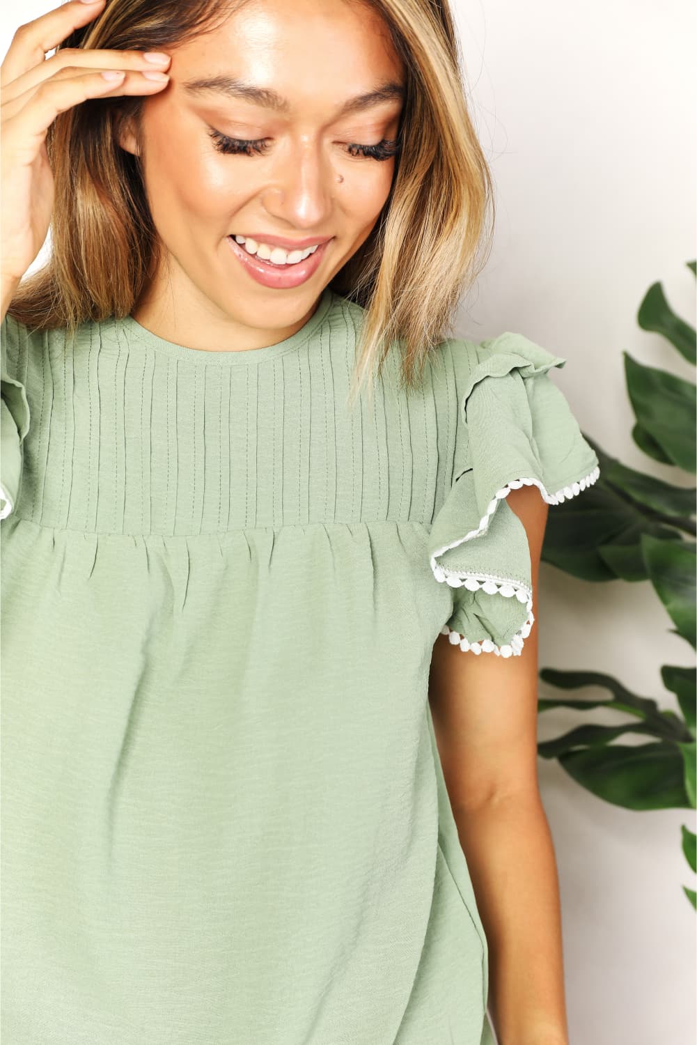 Double Take Green Light Pleated Detail Flutter Sleeve Blouse