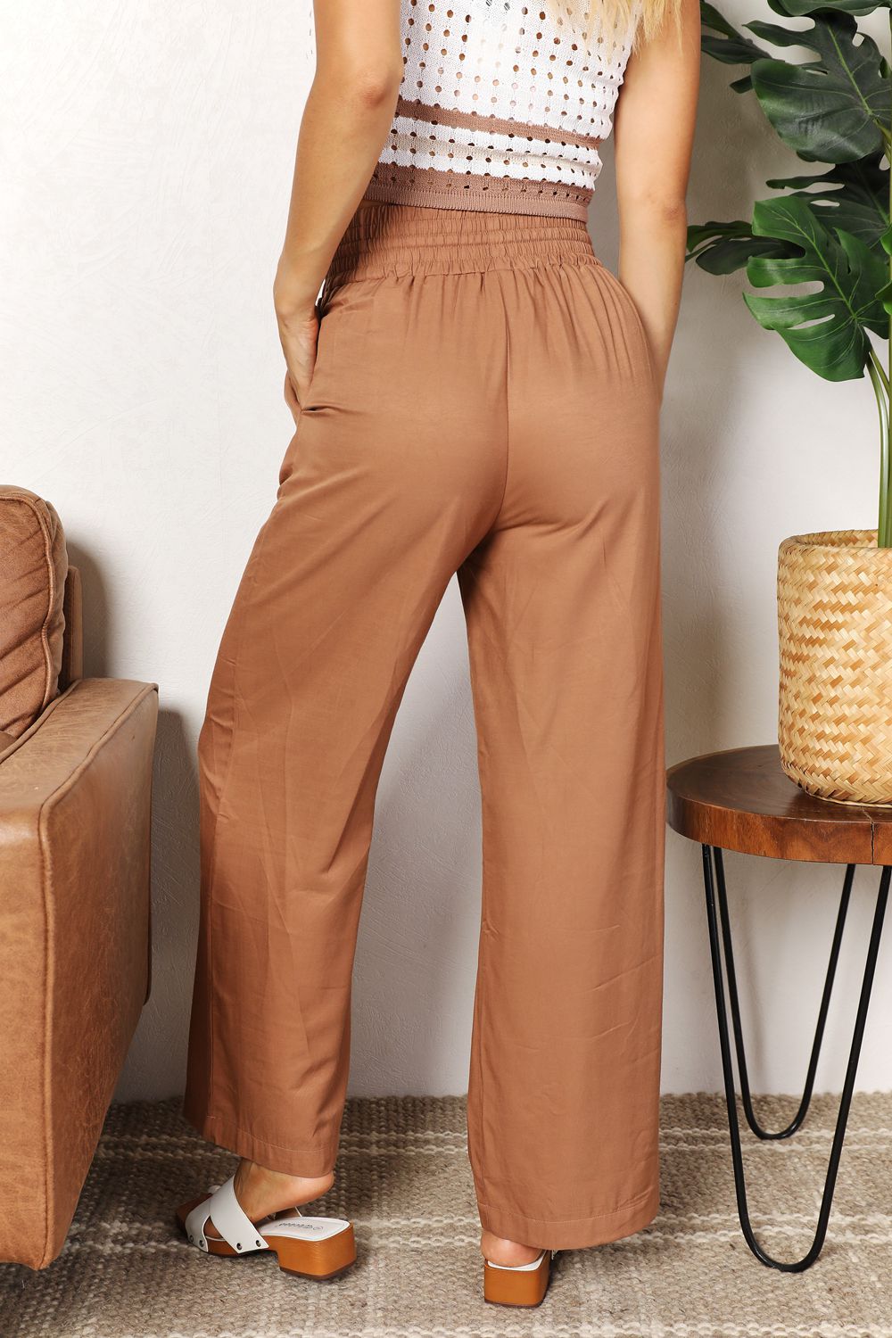 Double Take Going With The Flow Drawstring Smocked Waist Wide Leg Pants
