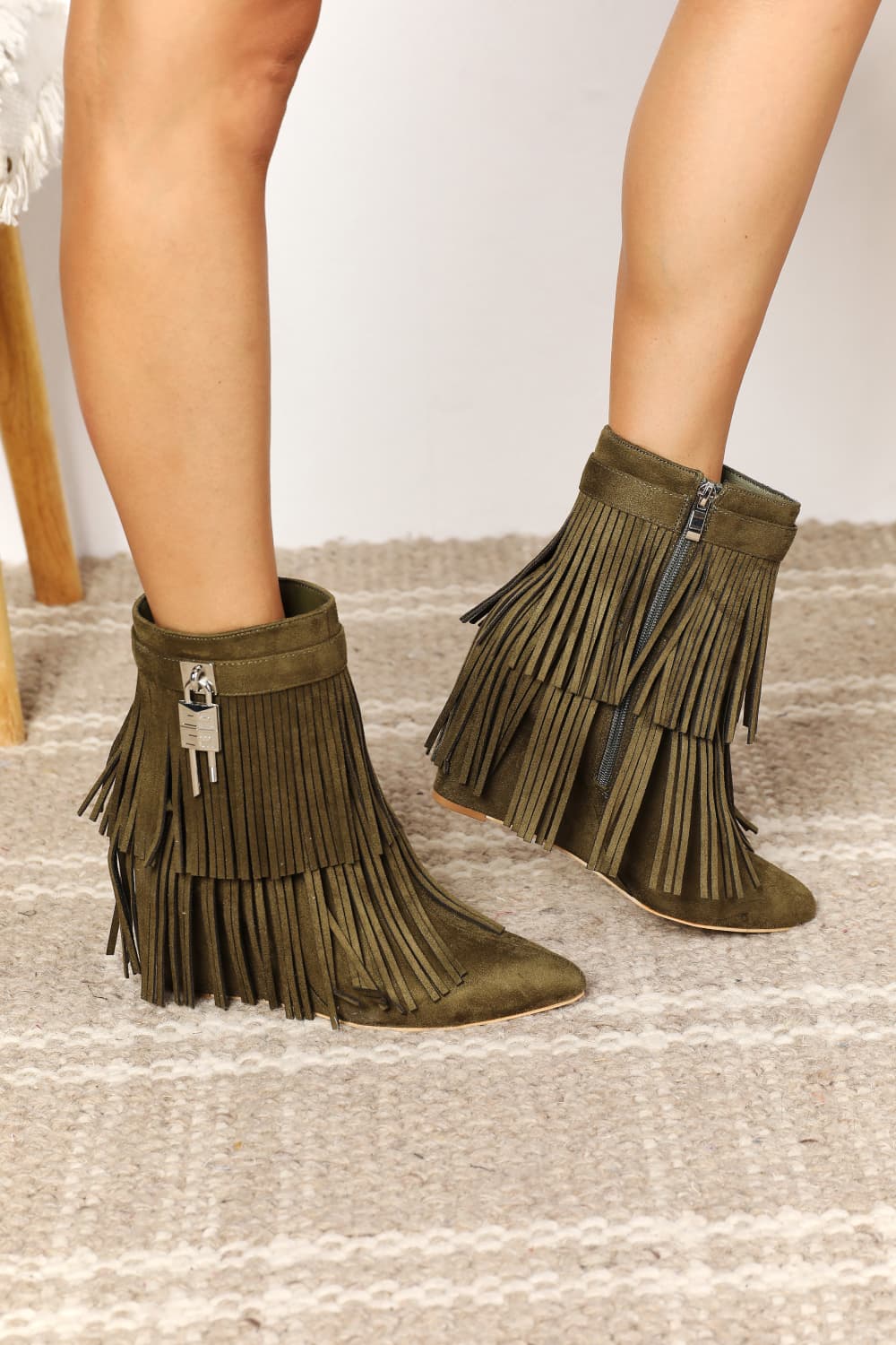 Legend Tassel Wedge Heel Ankle Booties in Olive