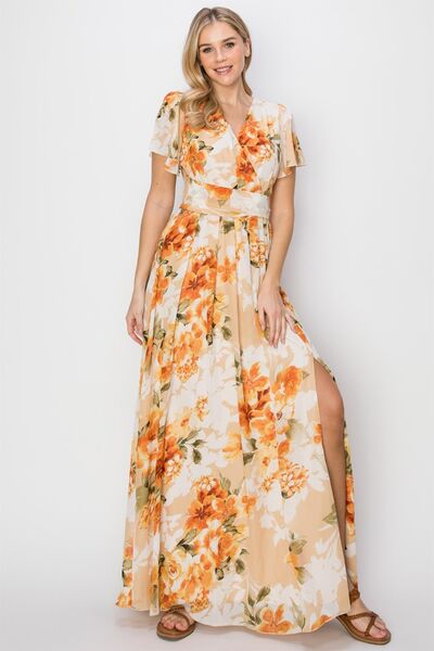 HYFVE Bring On The Night Floral Tie Back Short Sleeve Slit Maxi Dress