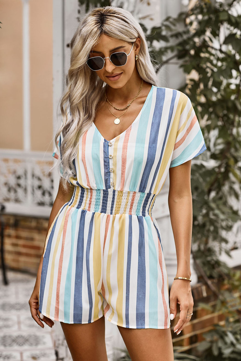 Stripes on Stripes Multicolored Stripe V-Neck Smocked Waist Romper