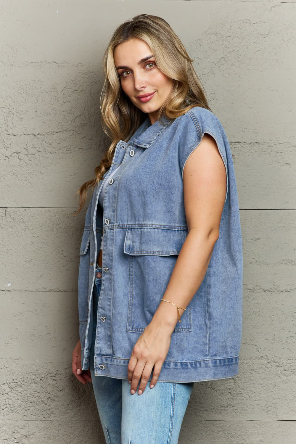 The Freakin' Weekend Collared Neck Sleeveless Denim Top with Pockets