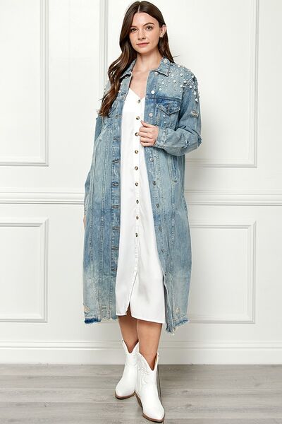 Veveret Pearl Distressed Raw Hem Pearl Detail Button Up Jacket