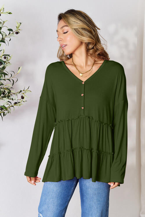 Double Take Cute and Powerful Half Button Long Sleeve Ruffle Hem Blouse