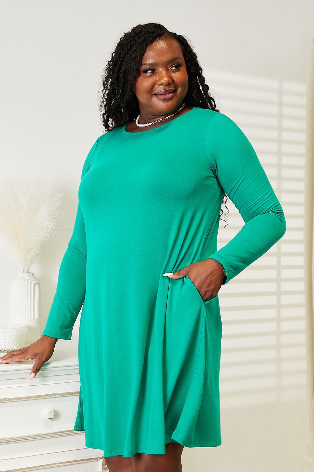 Zenana Teal-Quila Sunrise Long Sleeve Flare Dress with Pockets