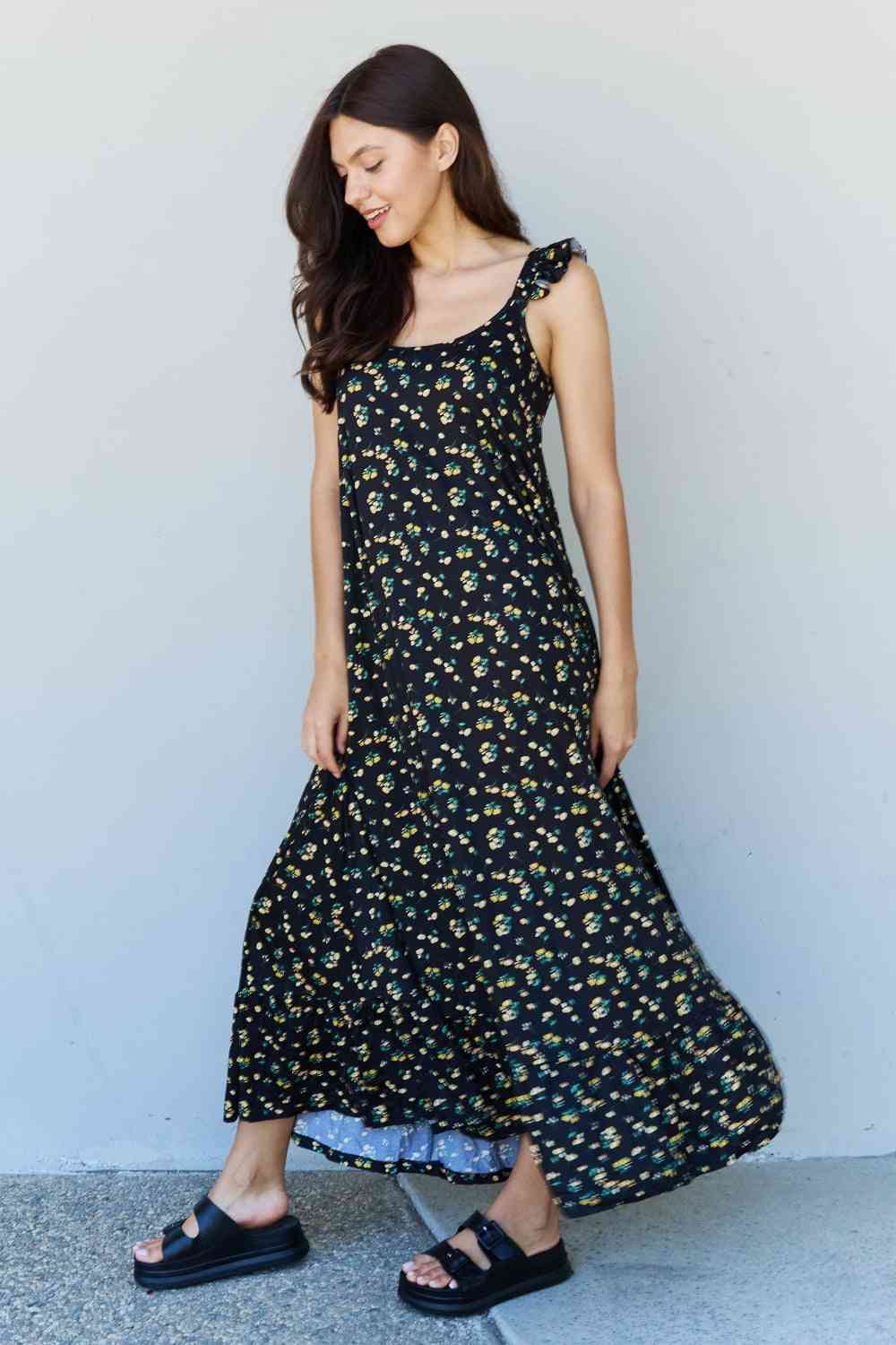 Doublju In The Garden Floral Ruffle Maxi Dress in Black Yellow Floral