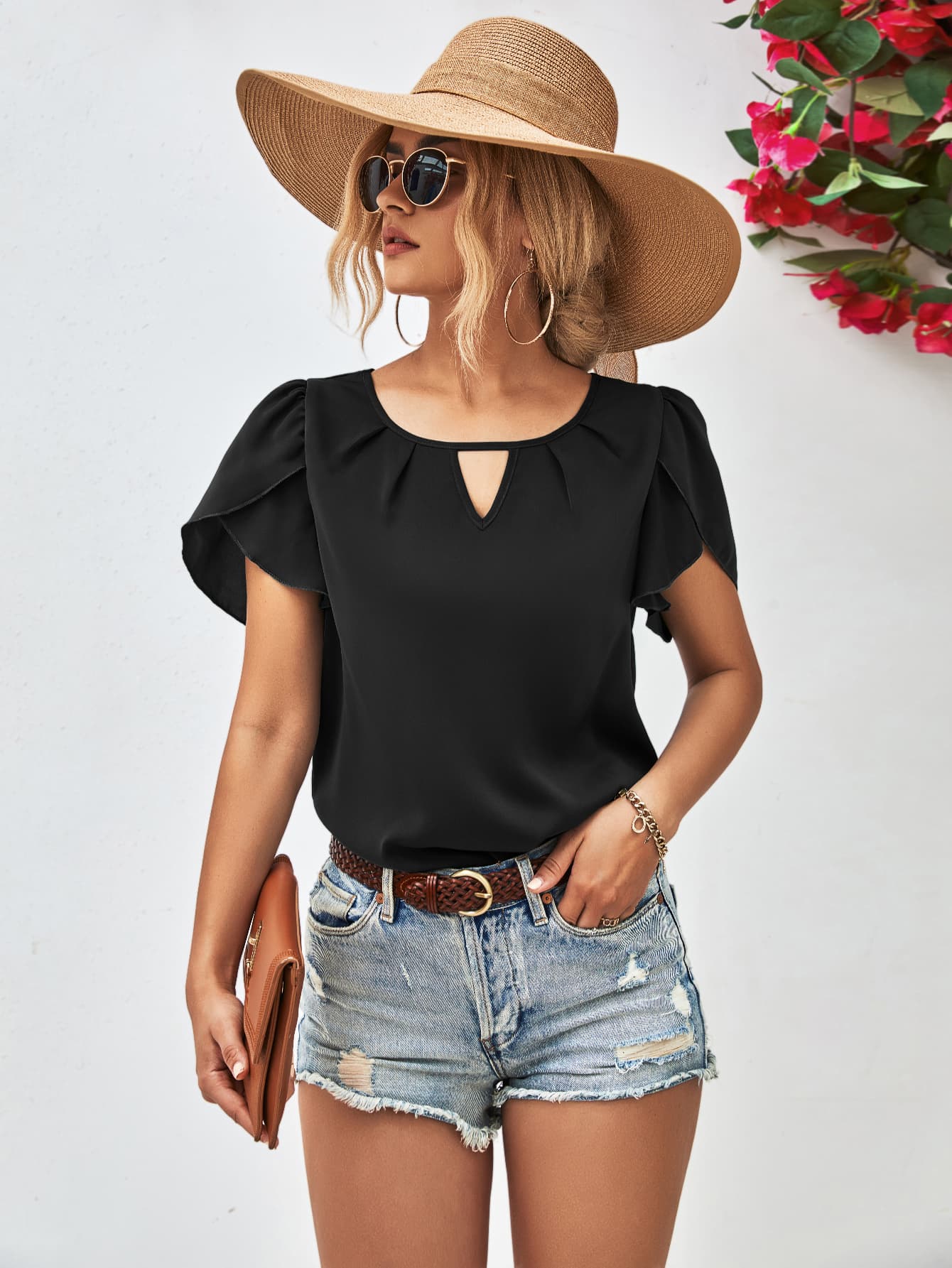 Meet Me Under The Shade Cutout Round Neck Petal Sleeve Blouse