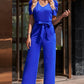 Wife Mom Boss Belted Puff Sleeve V-Neck Jumpsuit in Royal Blue