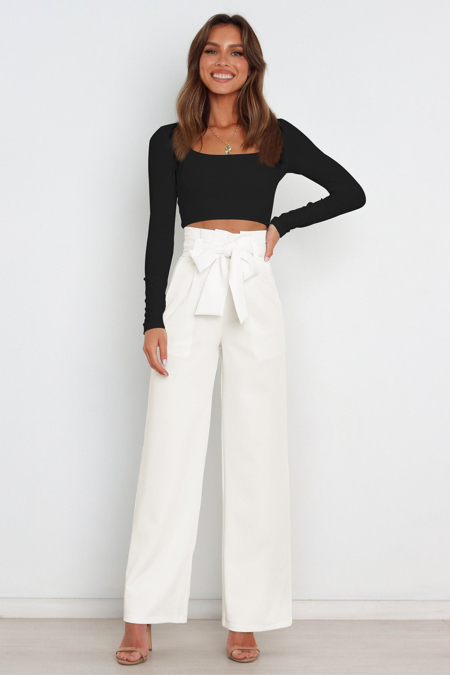 Office Chic Tie Front Wide Paperbag Waist Leg Pants