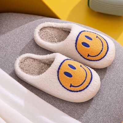 Melody A Perfect Day Smiley Face Cozy Slippers in White/Yellow/Blue