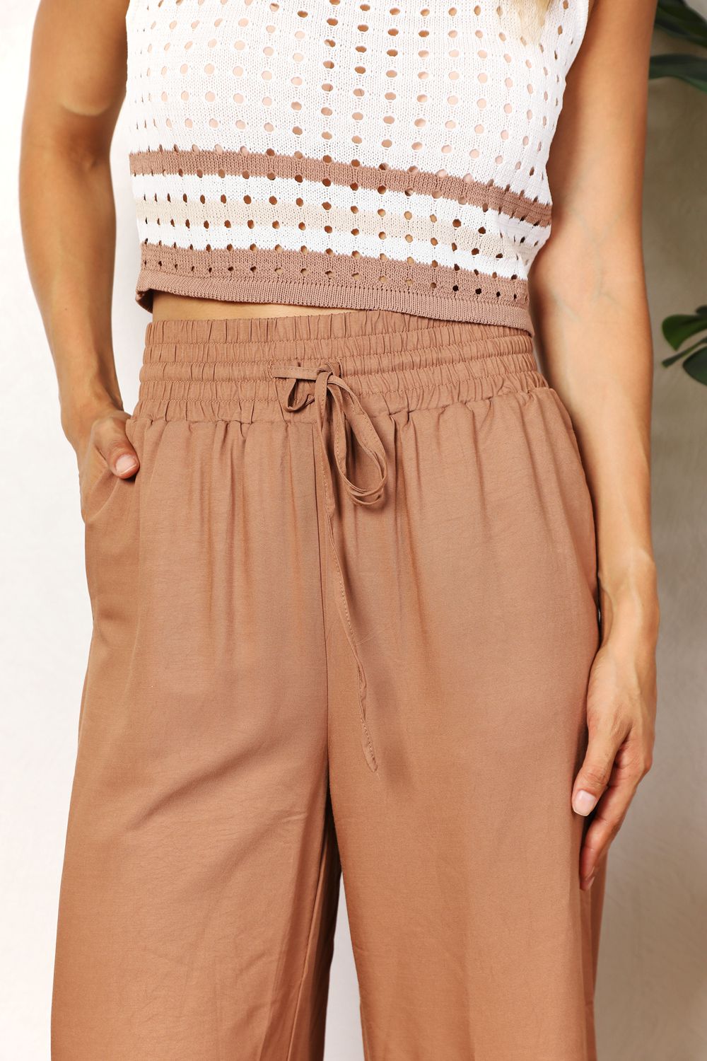 Double Take Going With The Flow Drawstring Smocked Waist Wide Leg Pants