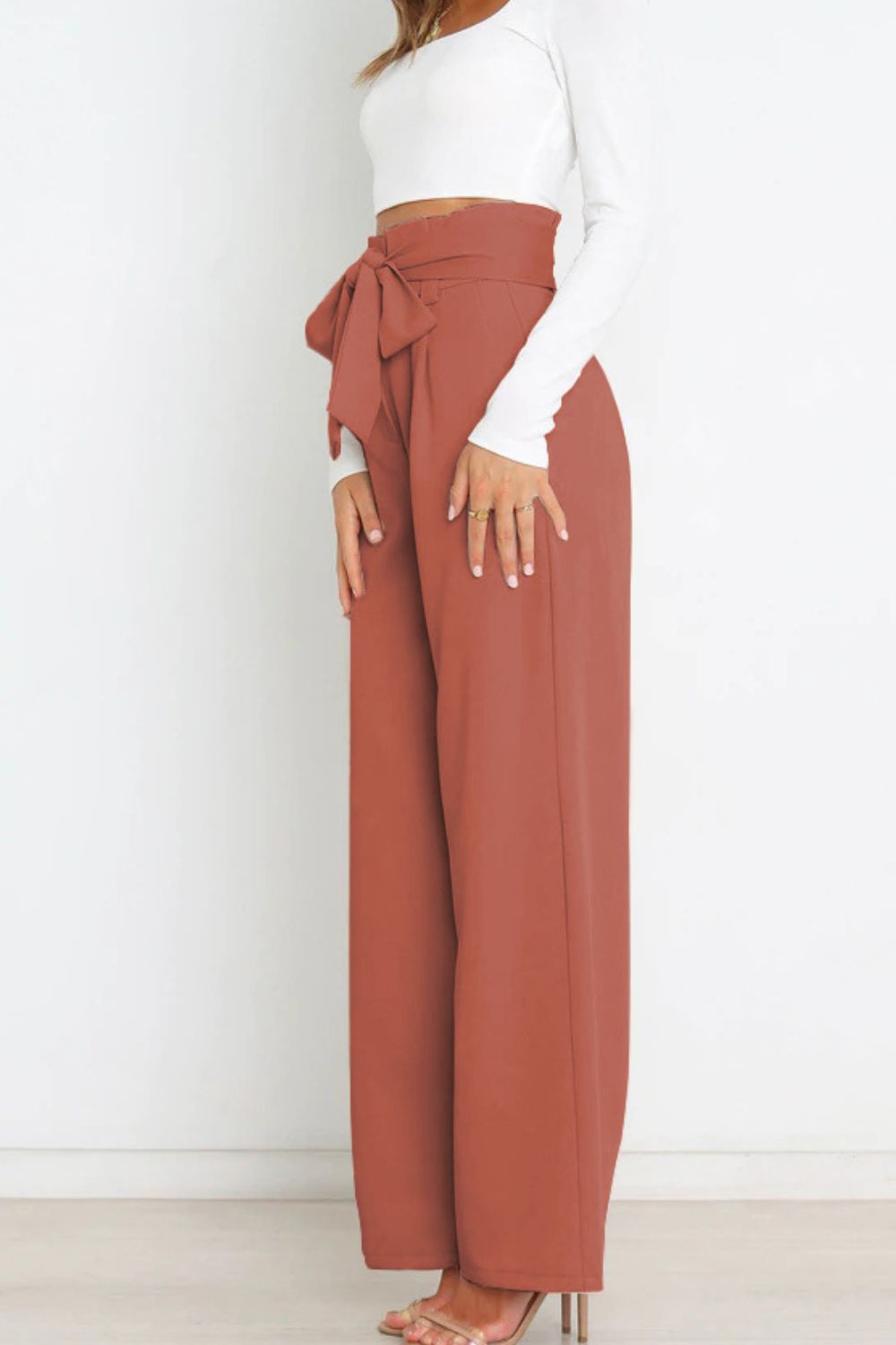 Office Chic Tie Front Wide Paperbag Waist Leg Pants