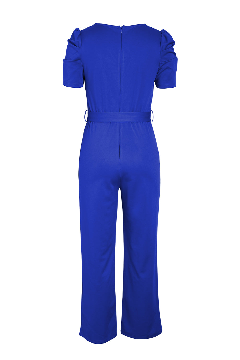 Wife Mom Boss Belted Puff Sleeve V-Neck Jumpsuit in Royal Blue