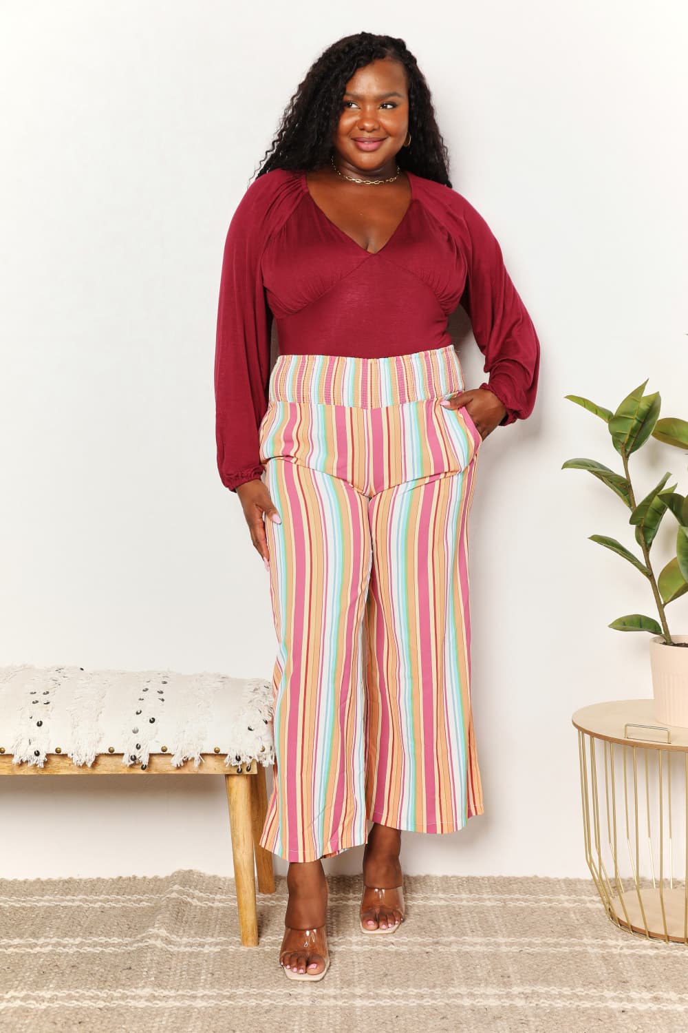 Double Take Keep Smiling Striped Smocked Waist Pants with Pockets