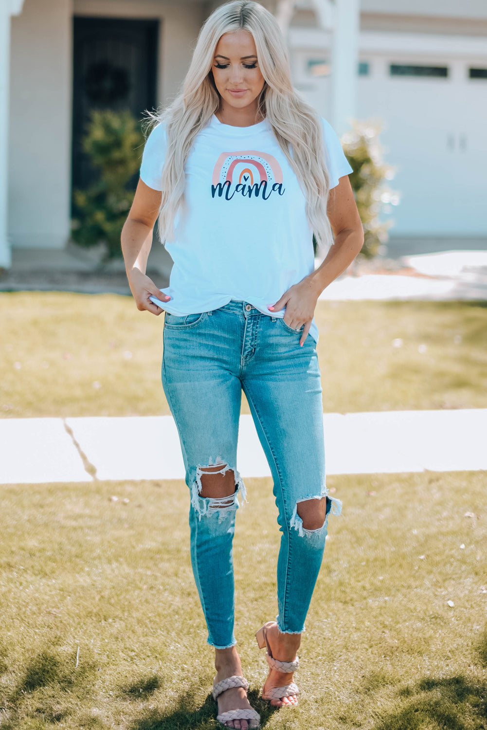 Mama's Over The Rainbow Round Neck Women's Graphic Tee Shirt