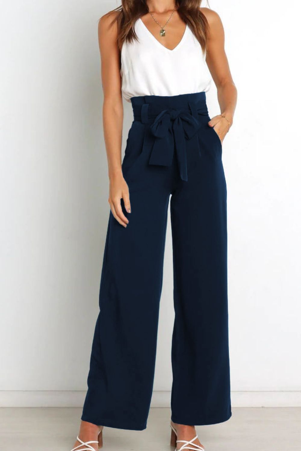 Office Chic Tie Front Wide Paperbag Waist Leg Pants