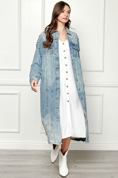 Veveret Pearl Distressed Raw Hem Pearl Detail Button Up Jacket