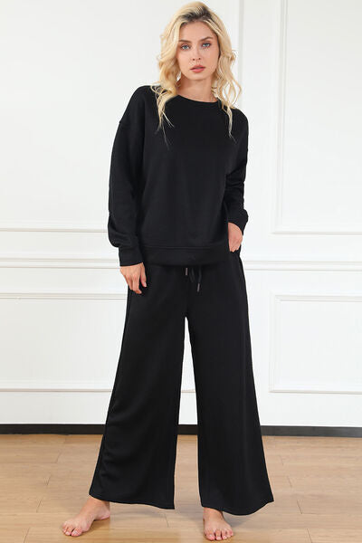 Double Take Let's Slow Down Textured Long Sleeve Top and Drawstring Pants Set