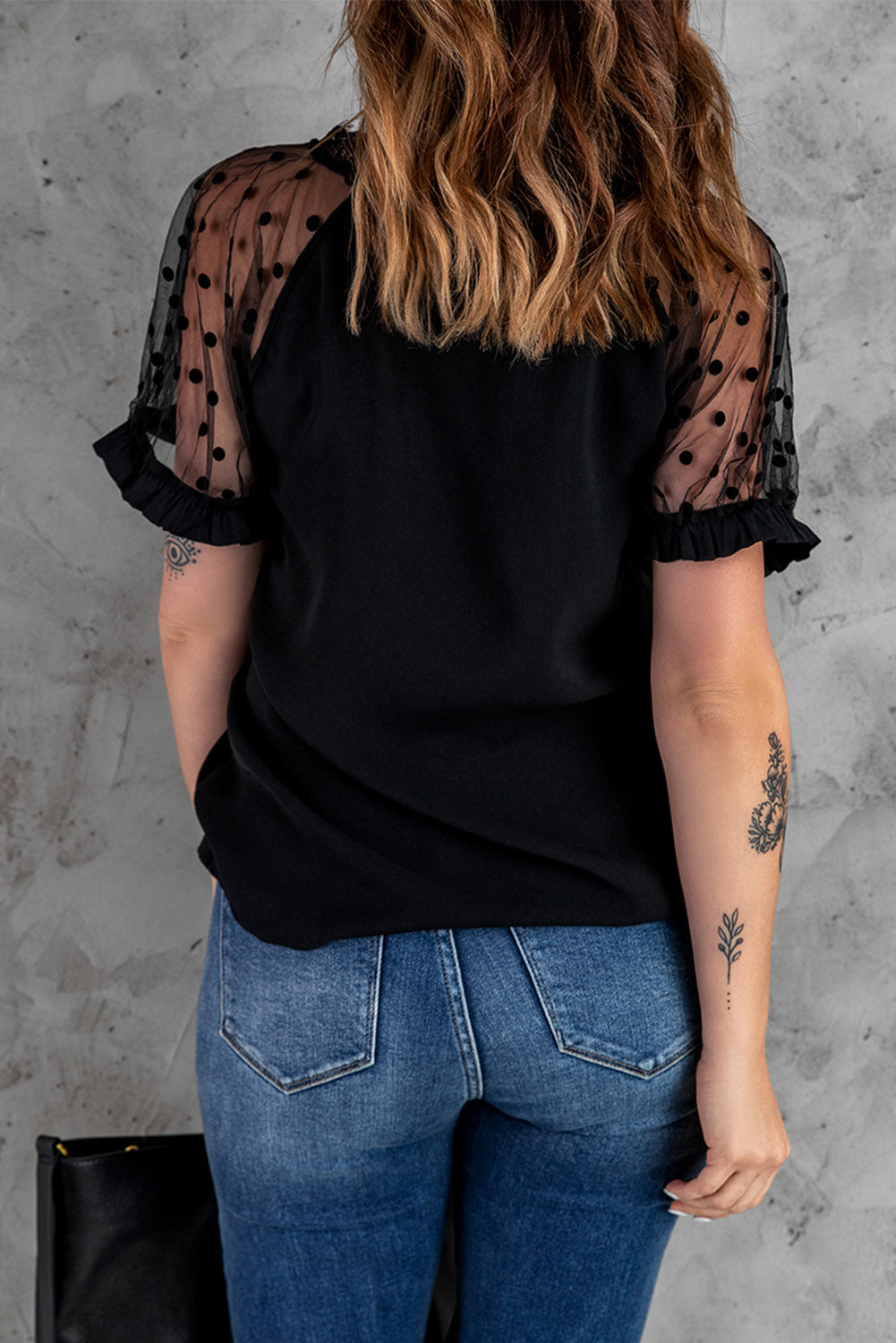 Polka Dot Lace Trim Detail Spliced Mesh Blouse