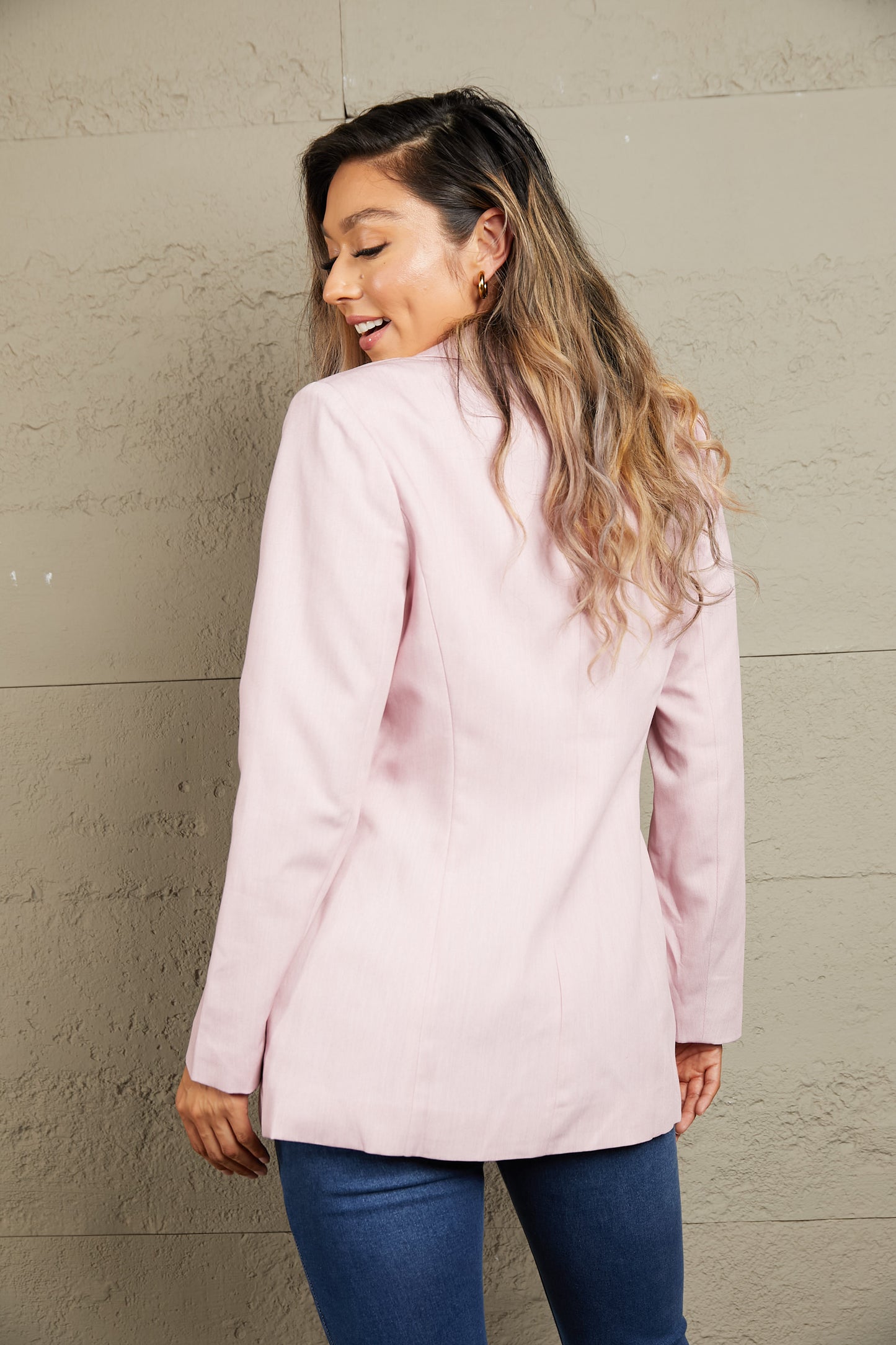 Double Take Boss Babe Double-Breasted Padded Shoulder Blazer with Pockets